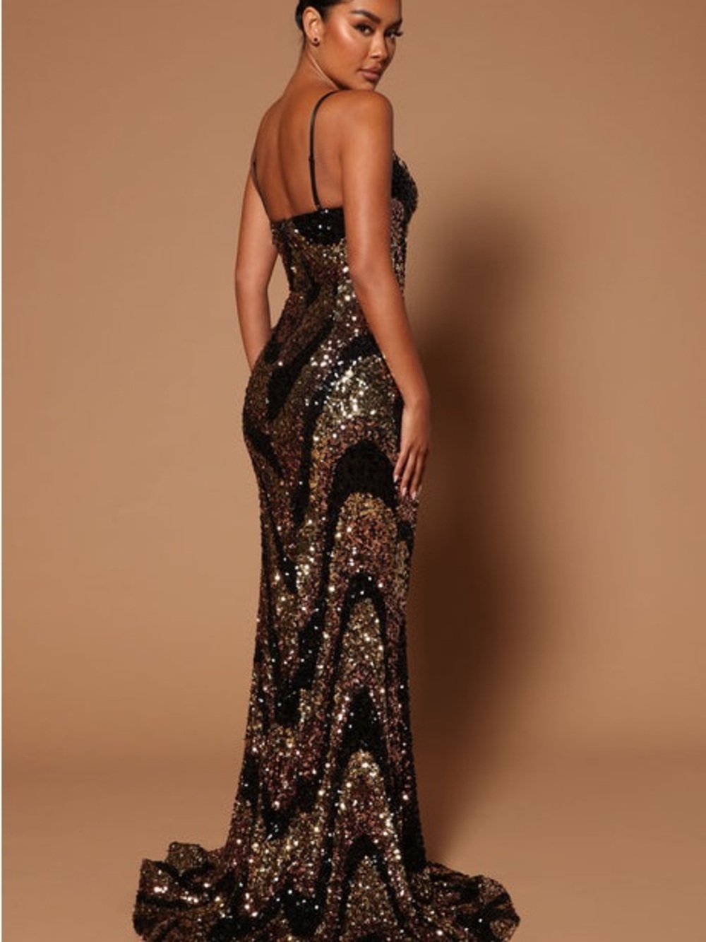 Fashion Nova Sequin Mermaid Maxi Dress Bronze Black Formal Evening Glam NWT - Picture 2 of 6